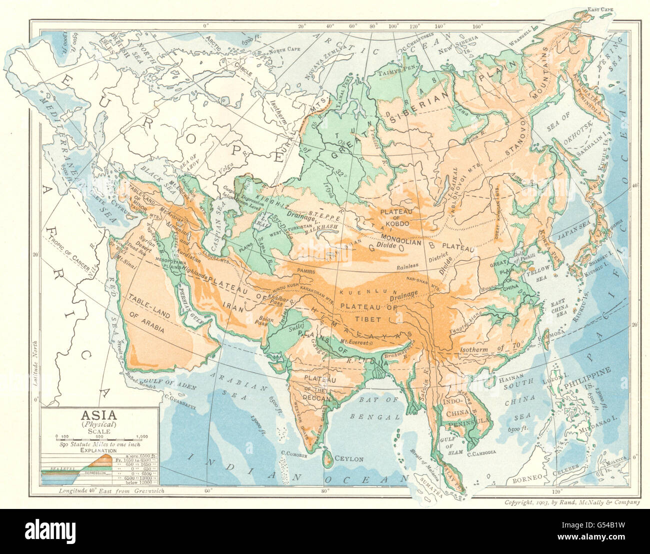 Asia (Physical). Elevation. Mountains, 1907 antique map Stock Photo Alamy