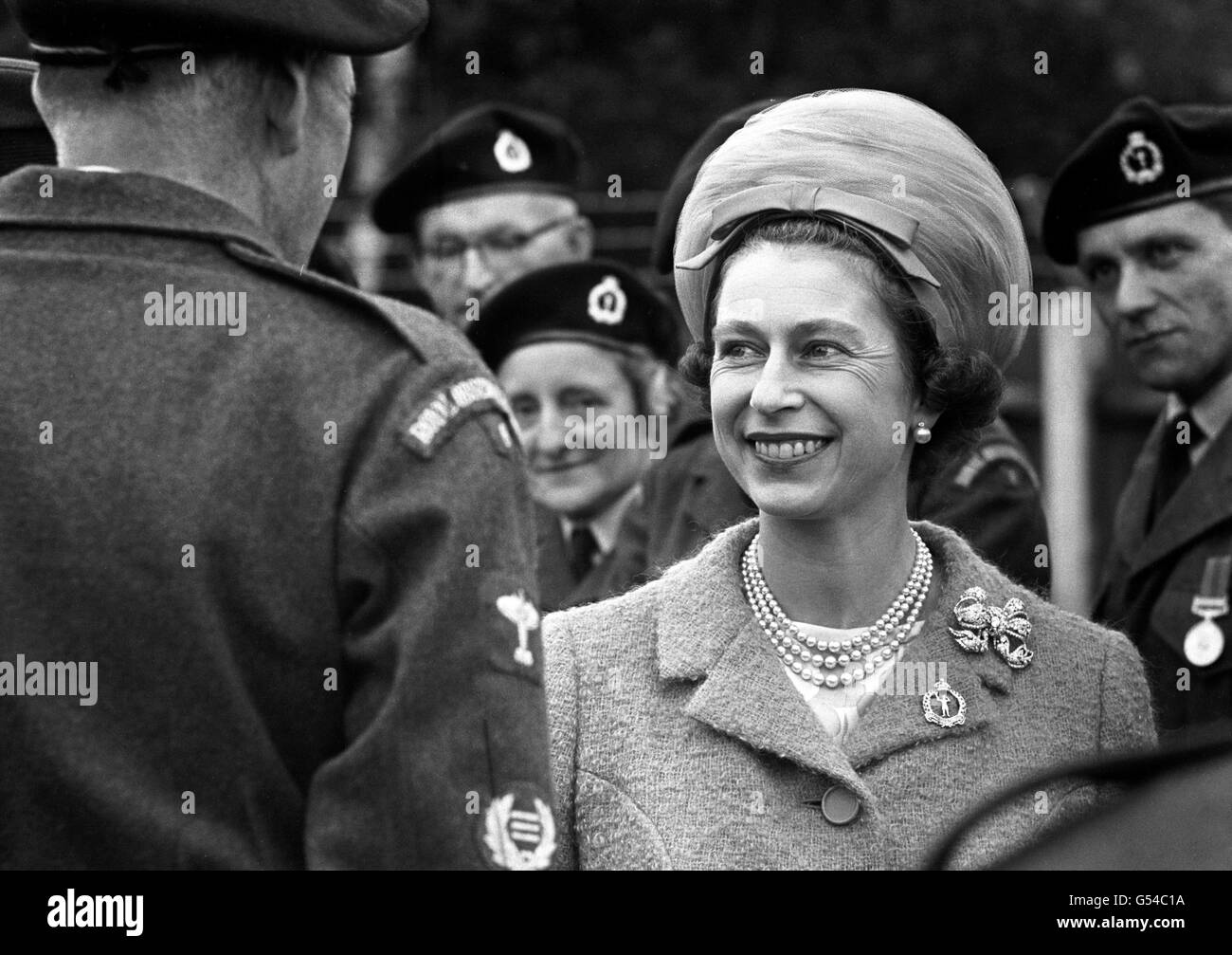 Queen Elizabeth II makes her inspection when she reviewed the Royal Observer Corps at the headquarters of Royal Air Force Fighter Command, Middlesex. Stock Photo