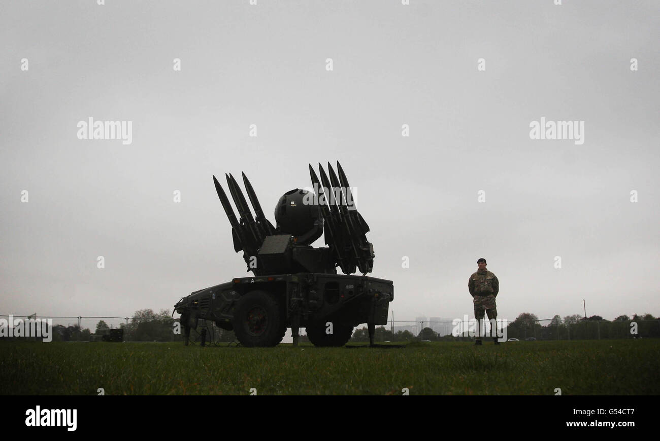 A member of the Royal Artillery stands next to a Rapier short range air defence system at Blackheath ahead of a training exercise designed to test military procedures prior to the Olympic period. Stock Photo