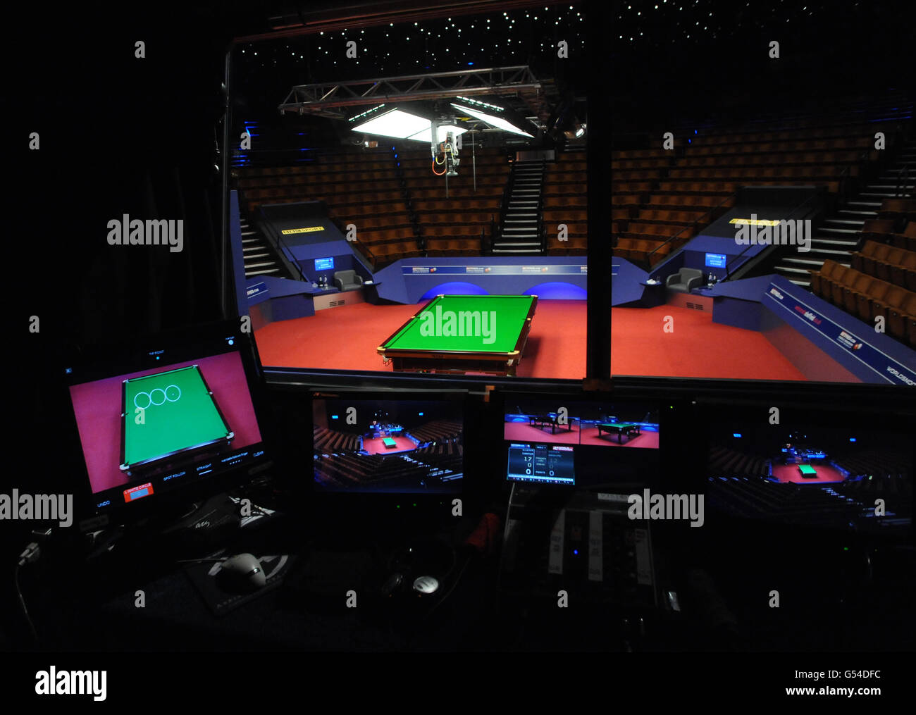 A general view of the table from the commentary box during the Betfred World Snooker Championships at the Crucible Theatre, Sheffield Stock Photo 