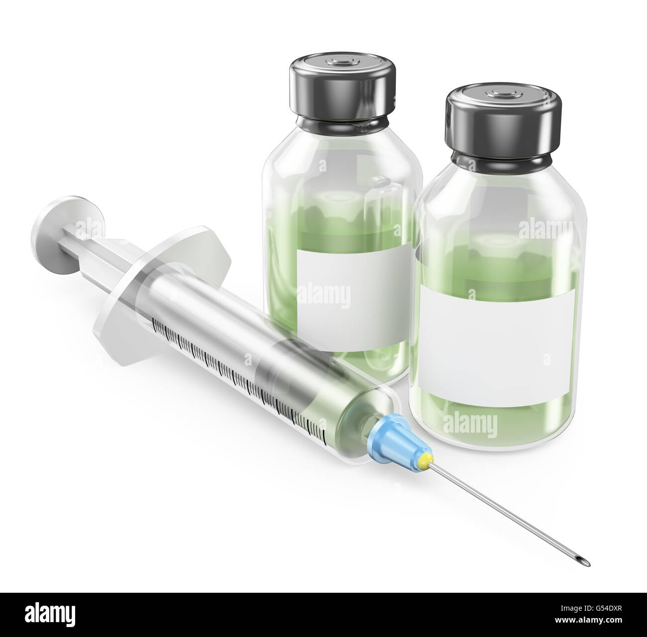 3d syringe with vaccine. Medicine bottles. Isolated white background