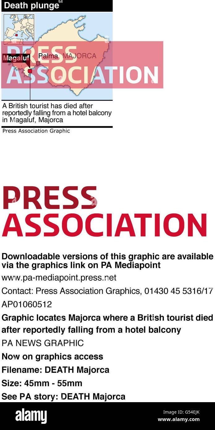 Graphic locates Majorca where a British tourist died after reportedly falling from a hotel balcony Stock Photo