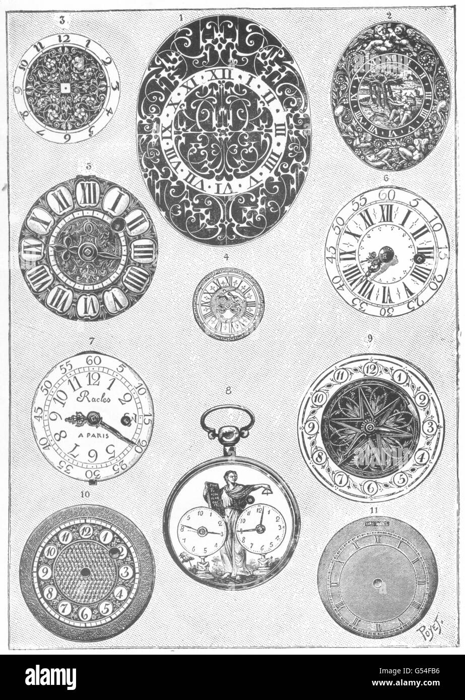 FRENCH WATCHES: Dials of French watches of 16th and 19th Centuries, print 1907 Stock Photo