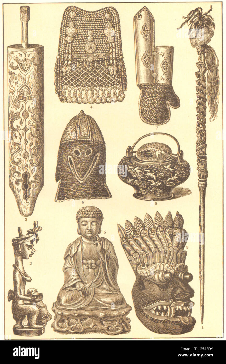 ASIATIC ART:Fetich Nias;Aino Shuttle;Bashkir;Buddha;Japan Kettle;Singhalese 1907 Stock Photo