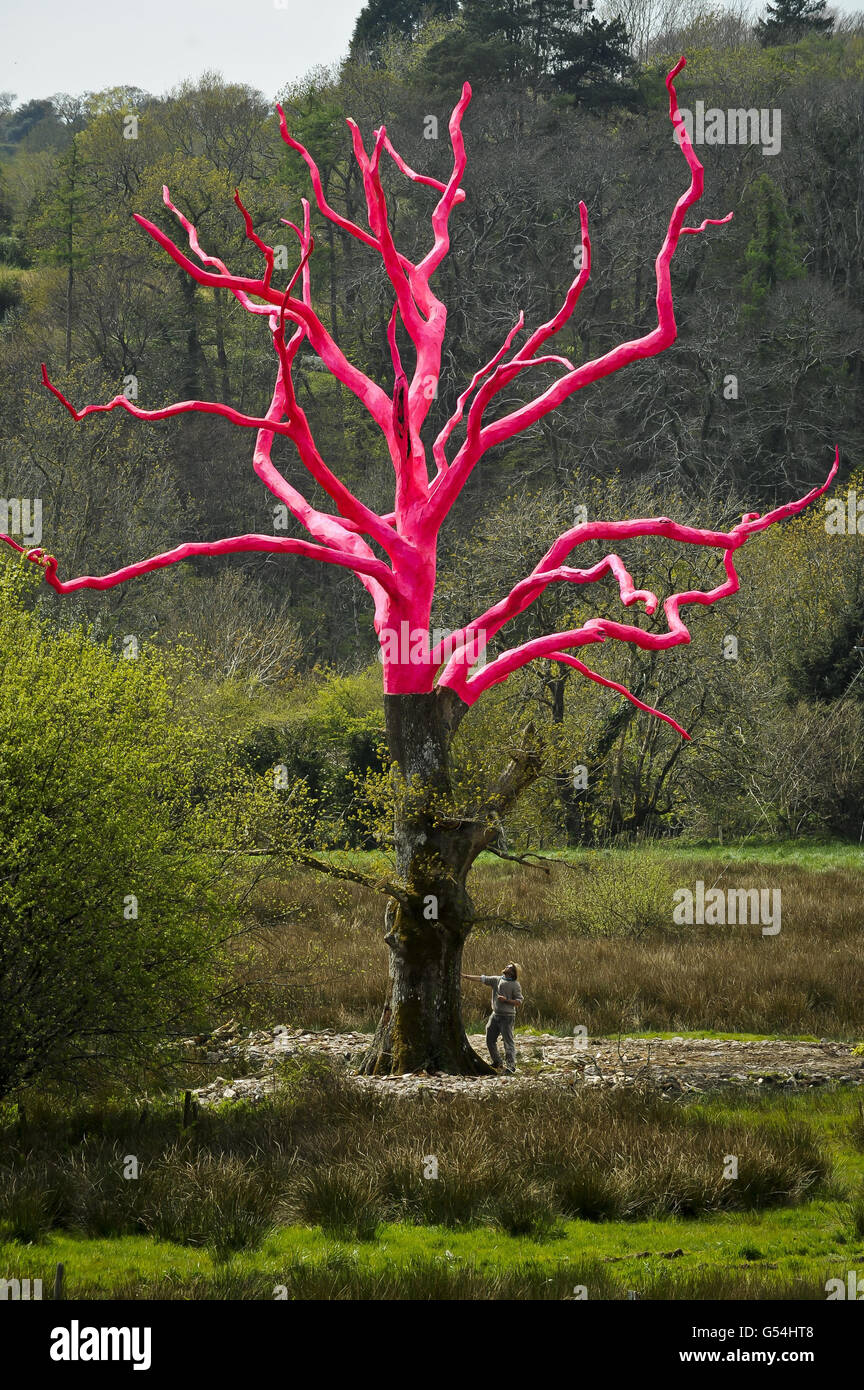 Oak tree painted pink Stock Photo