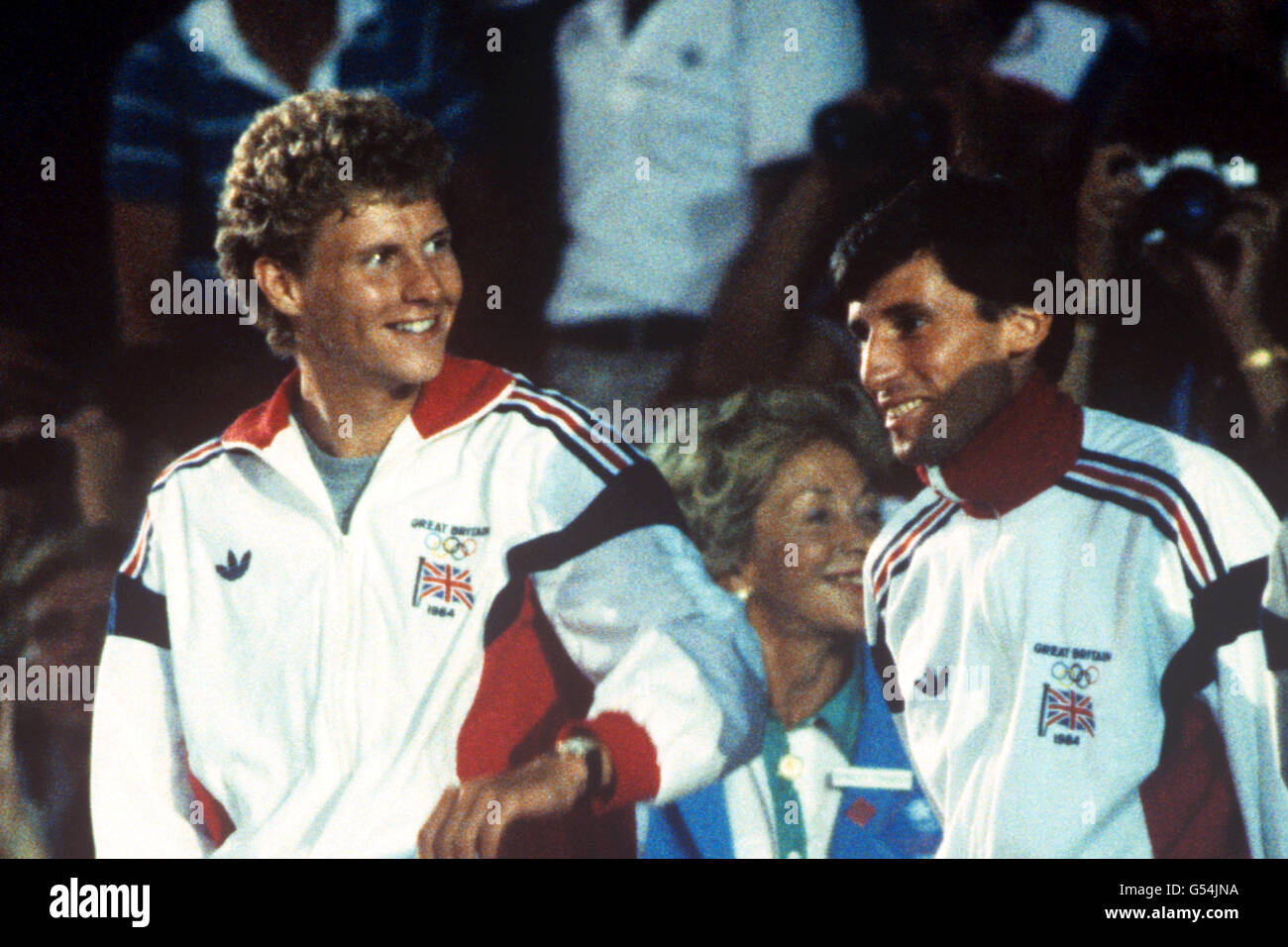 Athletics - Los Angeles Olympic Games 1984 - Men's 1500m Final - Medal Ceremony. Silver medal winner Steve Cram (l) congratulates Great Britain team mate Sebastian Coe (r) on winning the Gold medal. Stock Photo