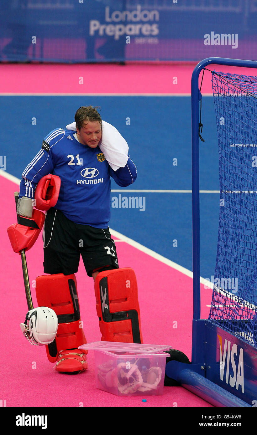 Germany's Max Weinhold in action against Australia during the Visa International Invitational Hockey Tournament at the Riverbank Arena, London. Stock Photo