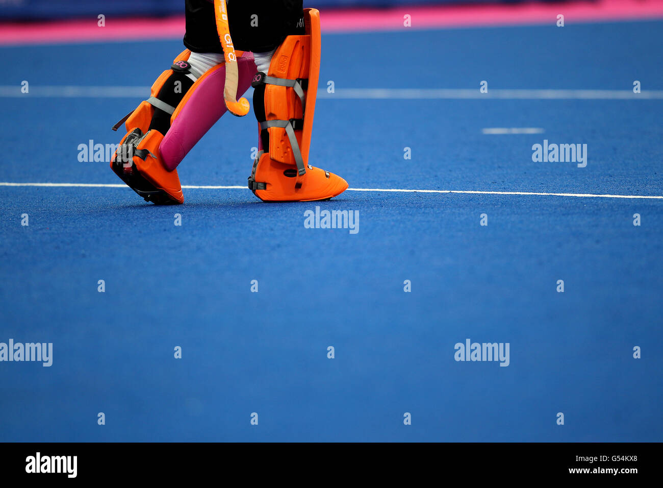 Detail of a goalkeeper's padding patrolling their area during the Visa International Invitational Hockey Tournament at the Riverbank Arena, London. Stock Photo