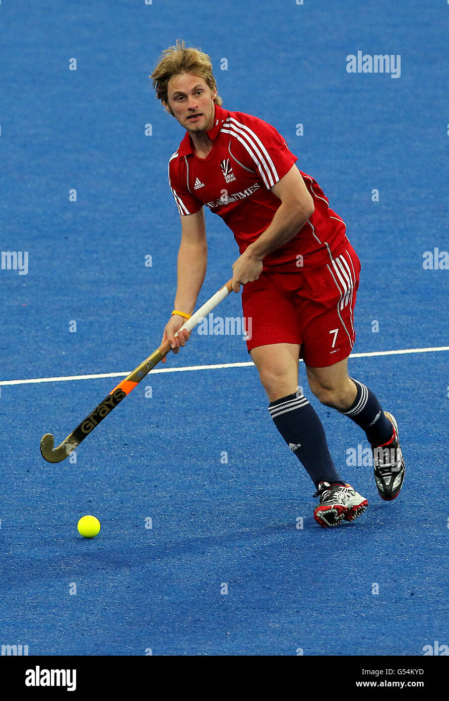 Great Britain's Ashley Jackson in action against India during the Visa International Invitational Hockey Tournament at the Riverbank Arena, London. Stock Photo