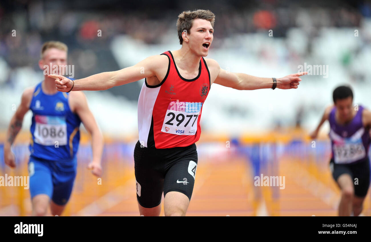 Andrew Pozzi celebrates winning gold in the Mens 110m Hurdles during