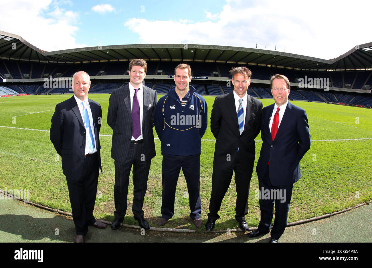 Chris Paterson (centre) with Stephen Gemmell, Dominic McKay, Graham Lowe and Kenneth Ferguson with during a photocall to announce his new job as ambassador and coach with Scottish Rugby during the Press Conference at Murrayfield, Edinburgh. Stock Photo