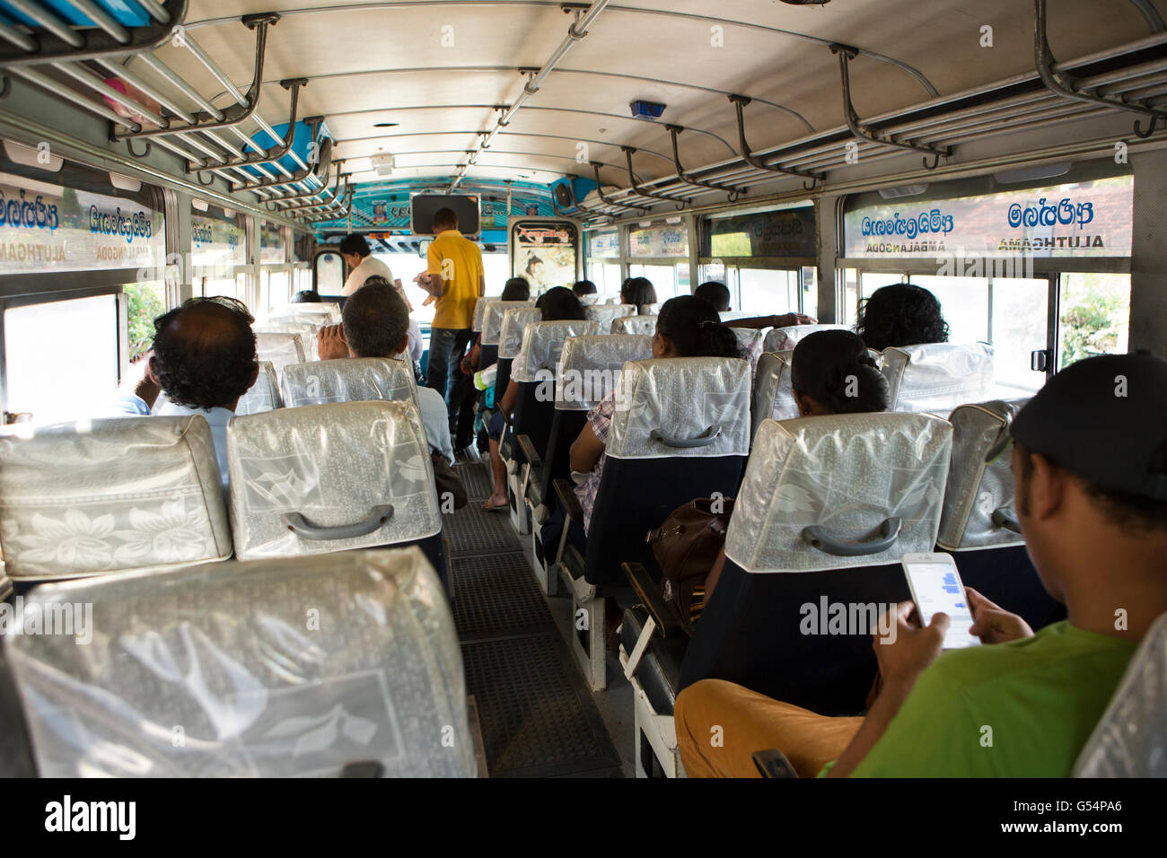 Sri Lanka, Galle Province, Unawatuna view inside local private bus to Galle Stock Photo