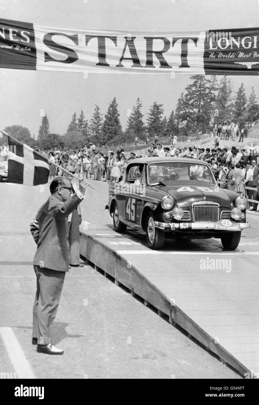 Les Leston (driving) and Peter Jopp (navigator) driving an ex-works 1959 Sunbeam Rapier Series III Rally Car during the 1960 Acropolis Rally. Stock Photo