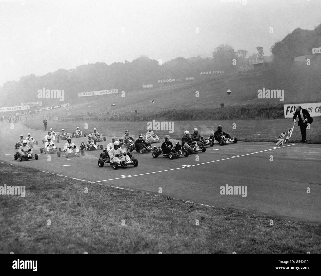 Motor Racing - British Kart Championship - Brands Hatch. The start of Event 1 for Class 1 cars won by John Brise (13) in a Brise Trak kart. Stock Photo