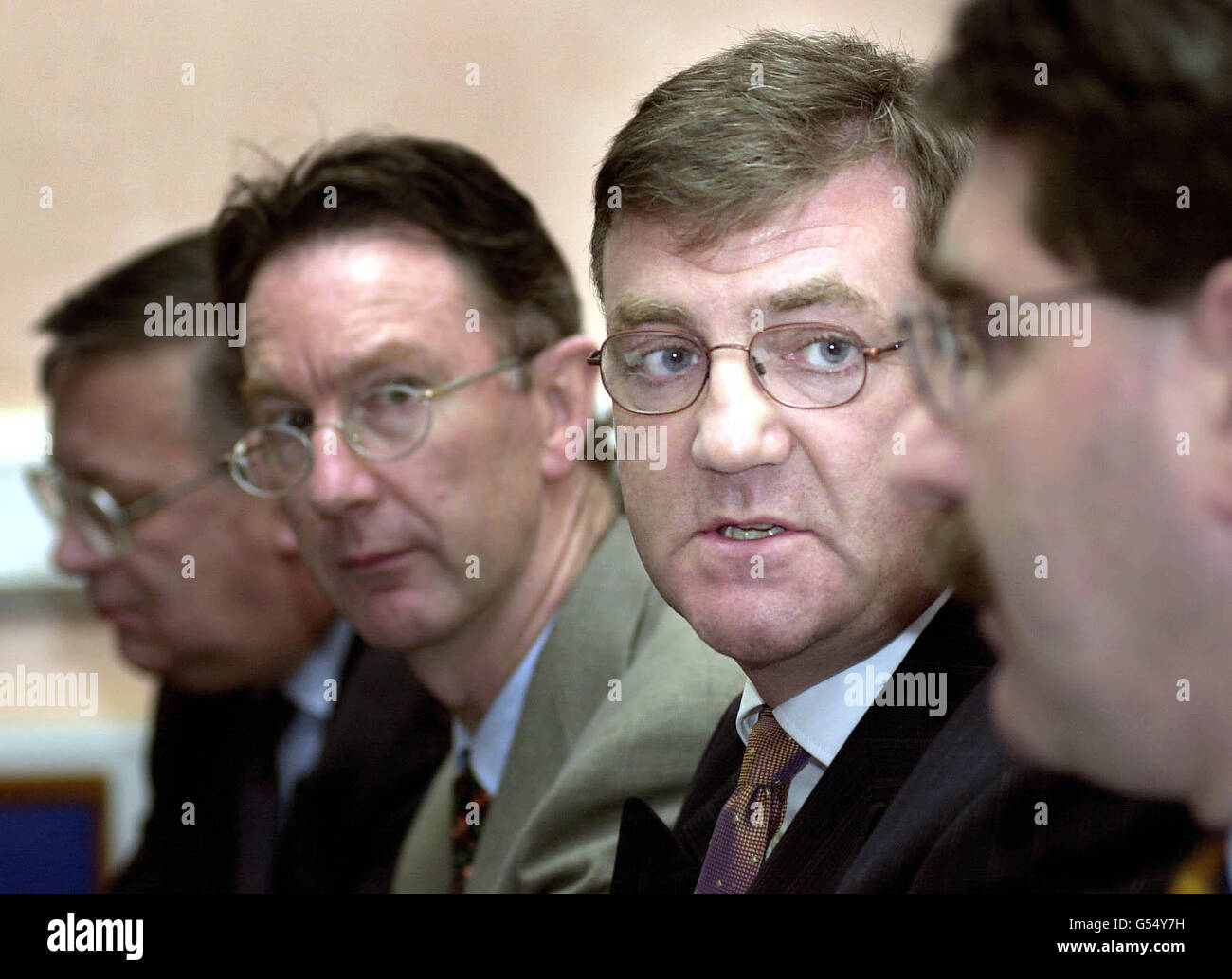Left to right, Managing Director of the Western General Hospital Charles Swainson, consultant James Steer, Donald Dewar's spokesman David Whitton and Dr Graham Nimmo at a press conference at the Hospital in Edinburgh to give the news of Donald Dewar's death. * Scotland's First Minister died of a brain haemorrhage in the hospital following a fall on Tuesday at his official Edinburgh residence, Bute House. His children Ian, 33, and Marion, 35, who had dashed to his bedside, made the decision to turn off his life support machine after discussions with consultants. Stock Photo