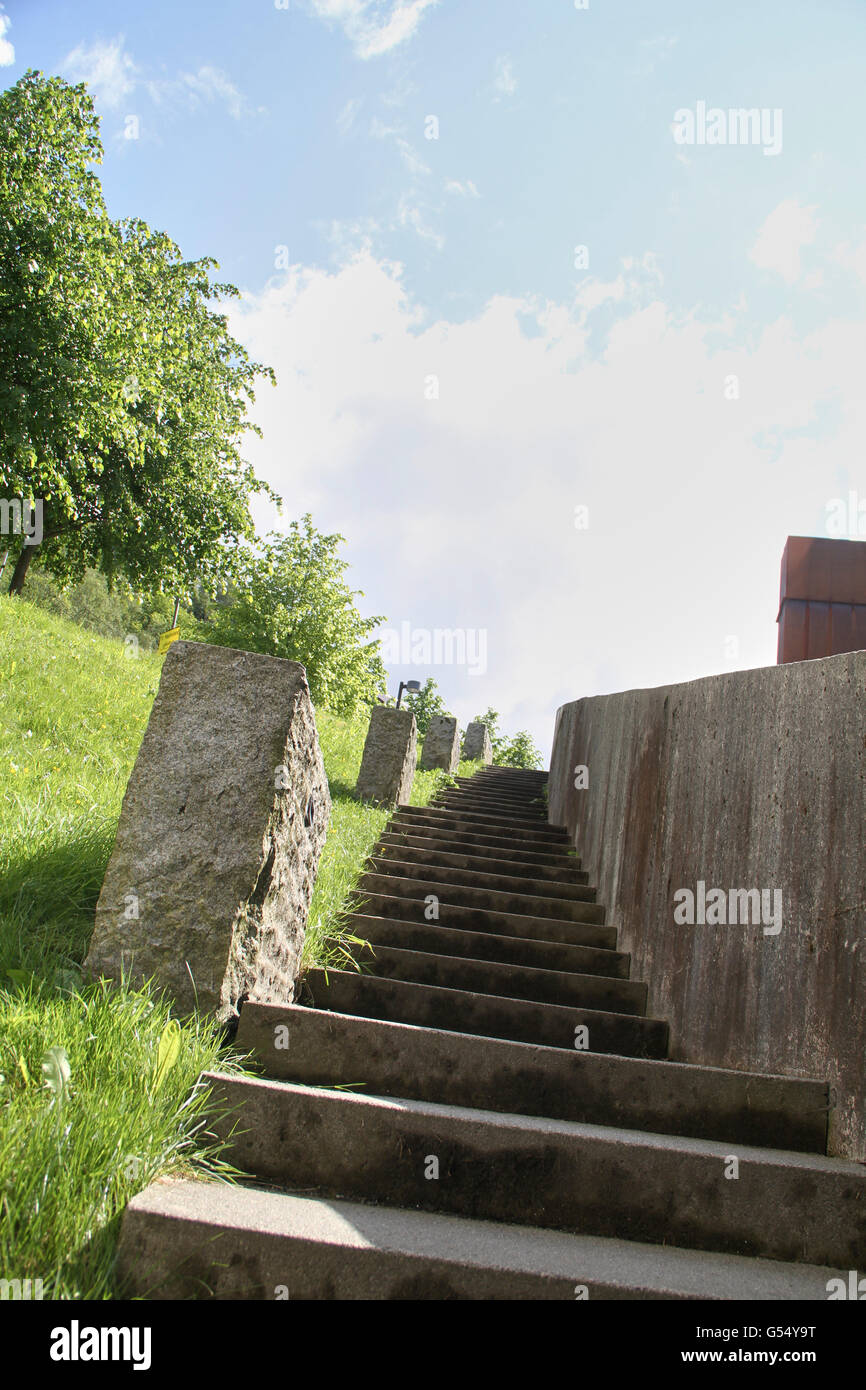 Stone stairs outdoors with grass and trees, blue sky Stock Photo