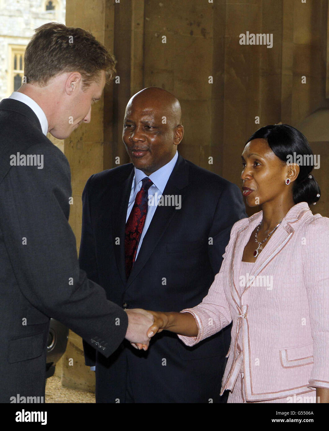King Letsie III of Lesotho and Queen Mesenate Mohato Seeiso are greeted ...