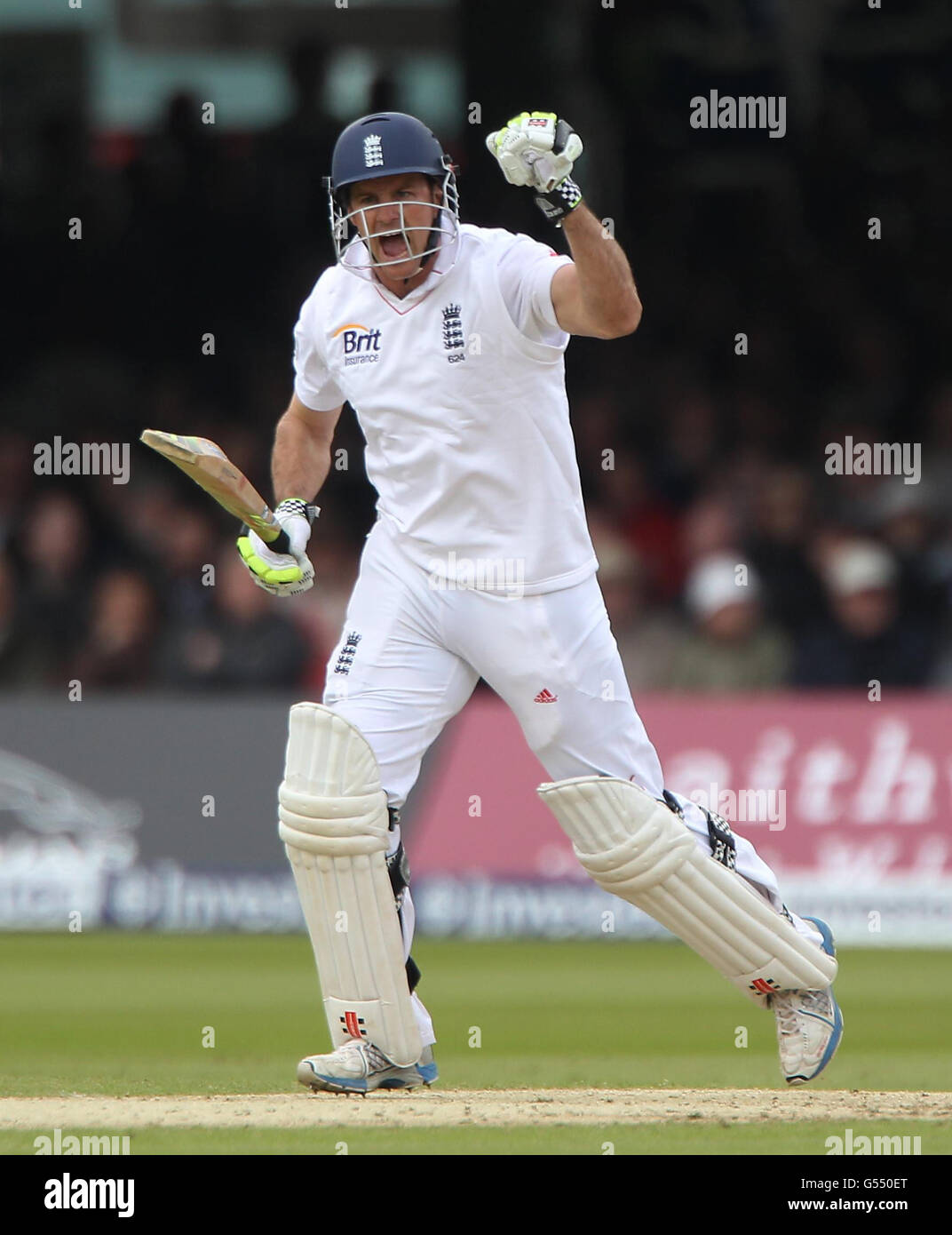 England captain Andrew Strauss celebrates scoring a century during the ...
