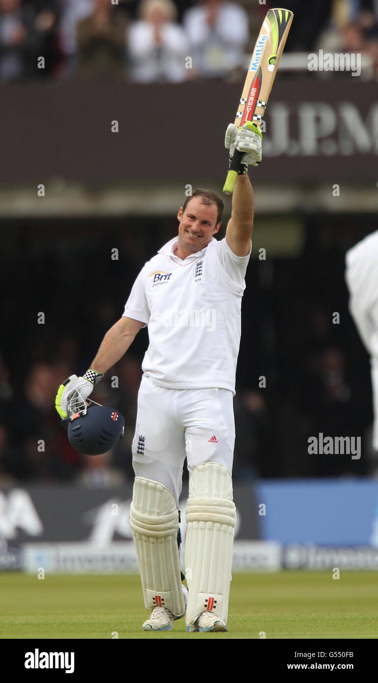 England captain Andrew Strauss celebrates scoring a century during the ...