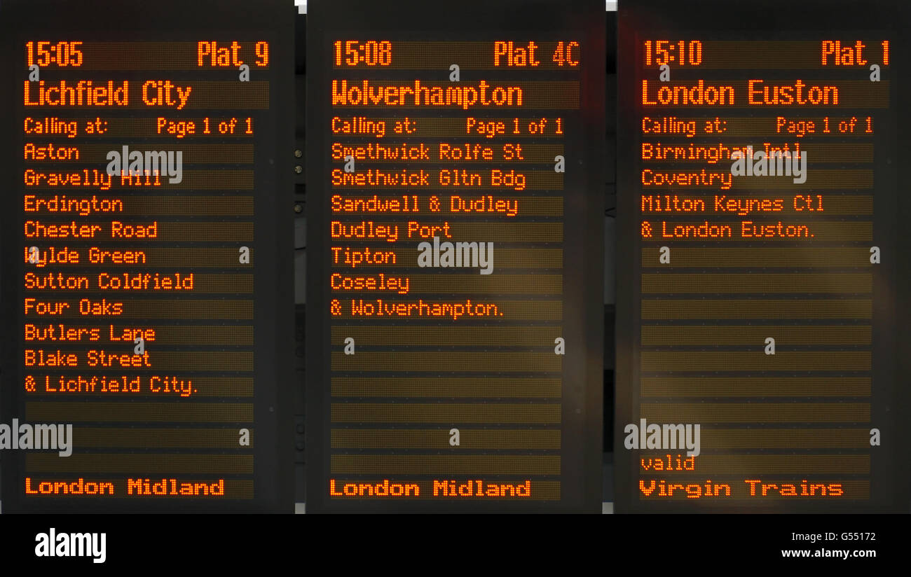 Train destination boards in New Street railway station, Birmingham, England, UK, Western Europe. Stock Photo