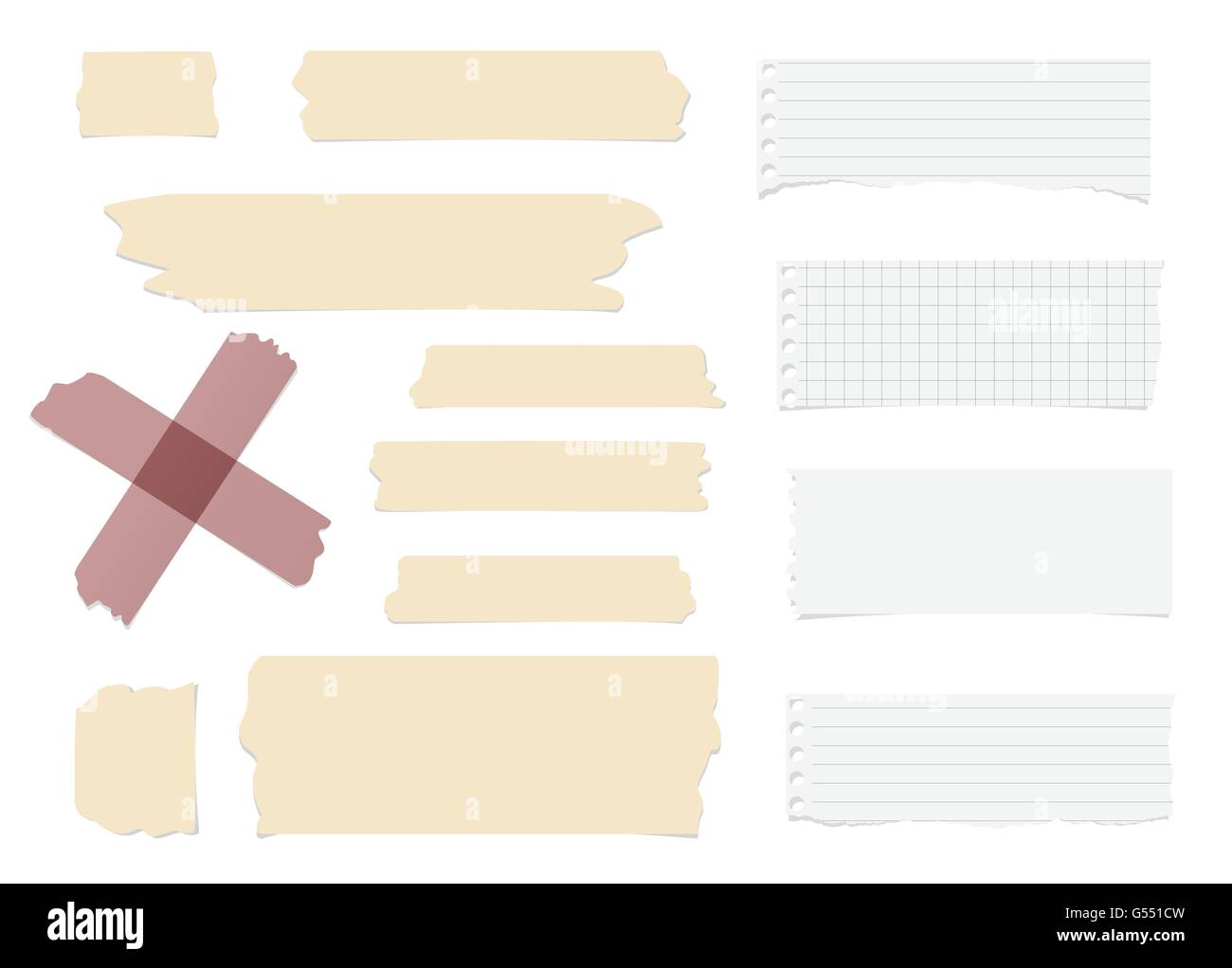 Ripped blank note paper, brown sticky, adhesive tapes are stuck on ...