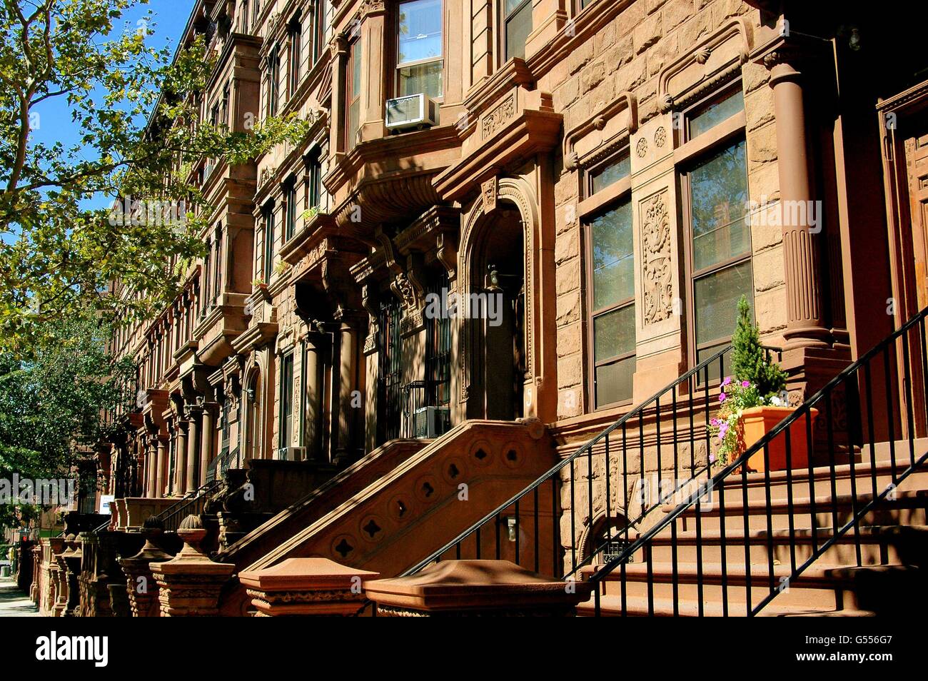 New York City:  Classic early 20th century brownstones on West 121st Street in Harlem Stock Photo