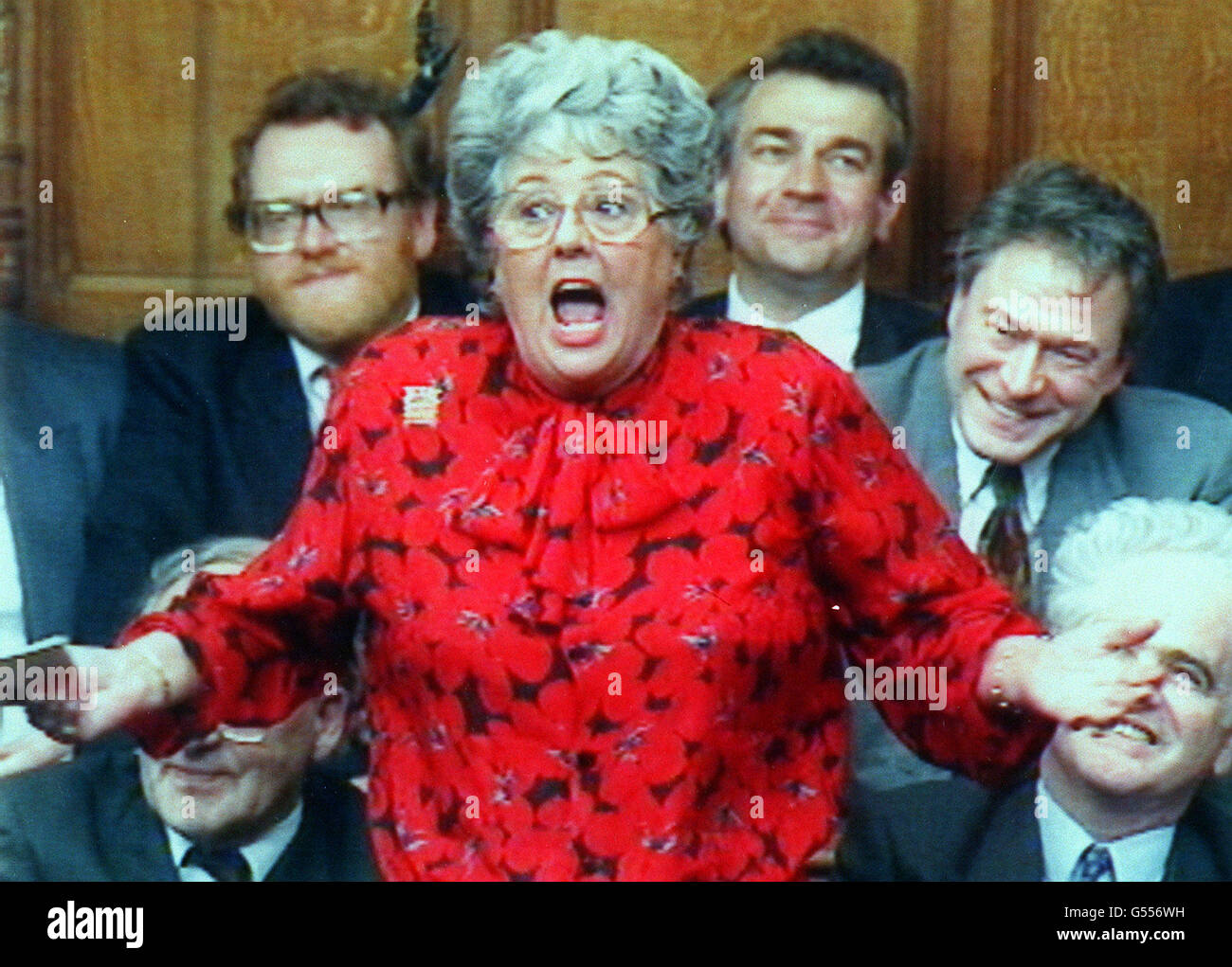 Betty Boothroyd gestures while making her speech for the election as Speaker in the House of Commons. Stock Photo