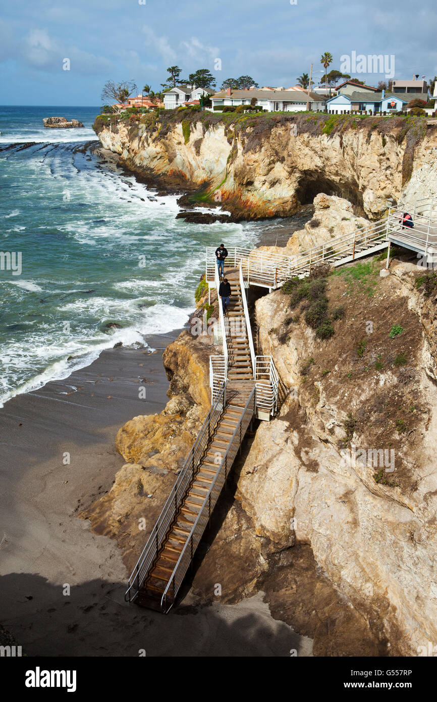 Clifftop houses, staircase to beach, Avila Beach State Park and town of