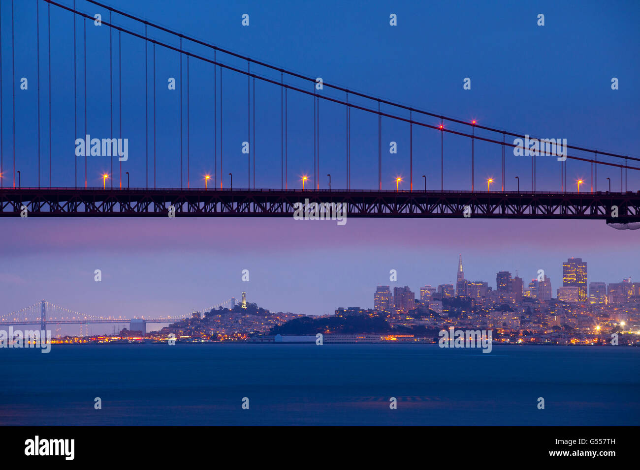 San Francisco, CA, USA: city skyline, Golden Gate Bridge, Bay Bridge, Coit Tower, Fisherman's Wharf, high-rise office buildings, Stock Photo
