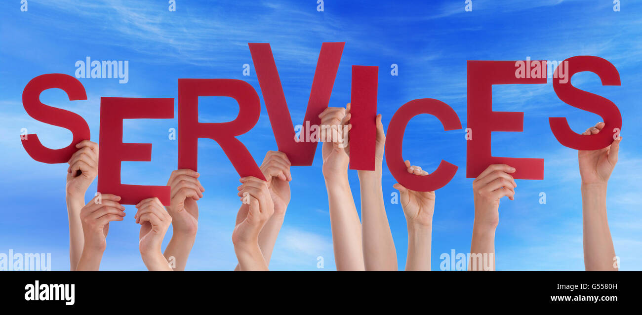 Many People Hands Holding Red Word Services Blue Sky Stock Photo - Alamy