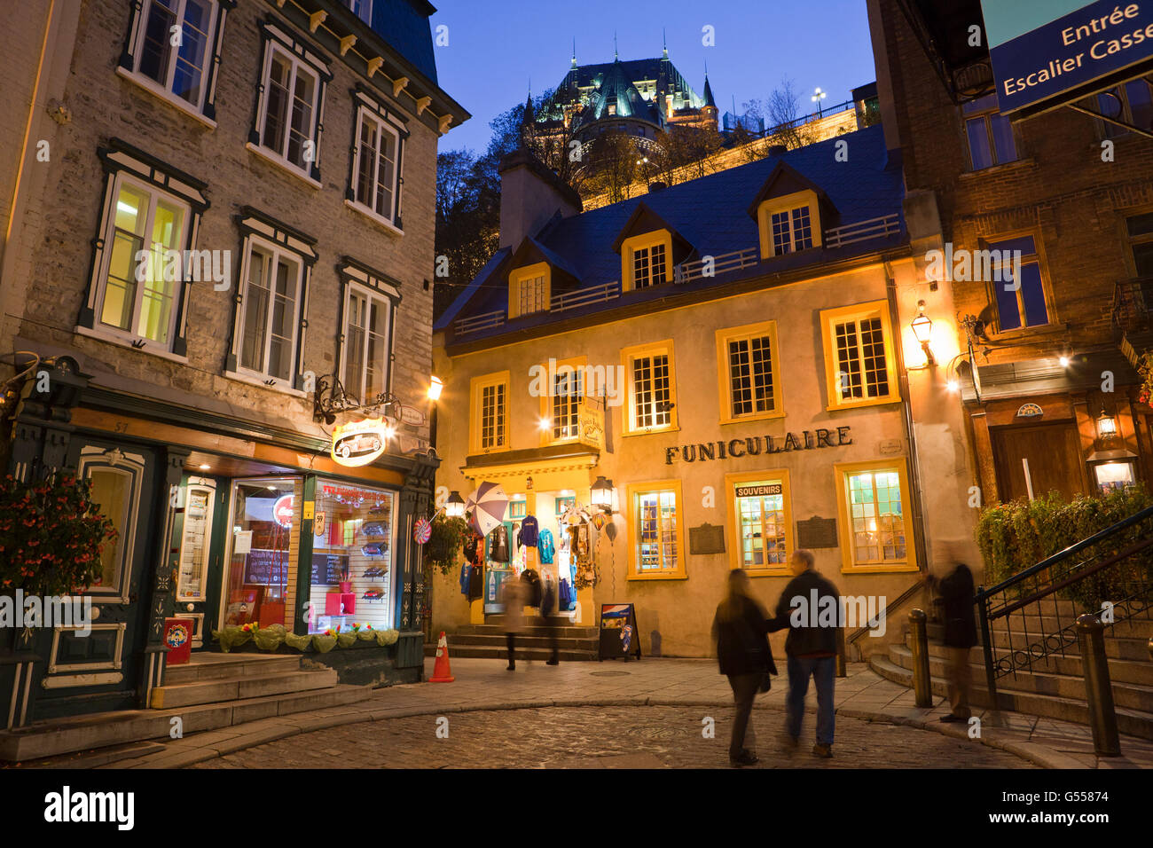 Old Town Quebec City, 'Vieux-Quebec', Canada: Shops and entrance to cable car, 'Funiculaire', to upper town, Chateau Frontenac Stock Photo