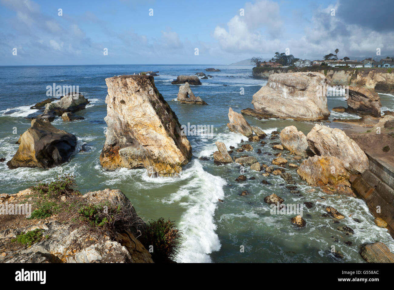 Sea stacks, surf, cliffs, and houses, Avila State Beach and town of