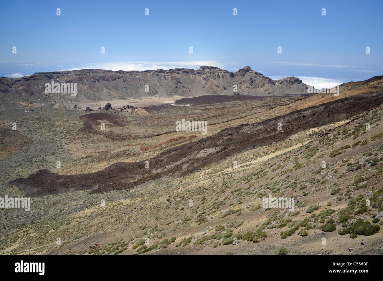 Overview of Las Canadas caldera from Mount Teide, with old lava flows from Pico Viejo, Tenerife, May. Stock Photo