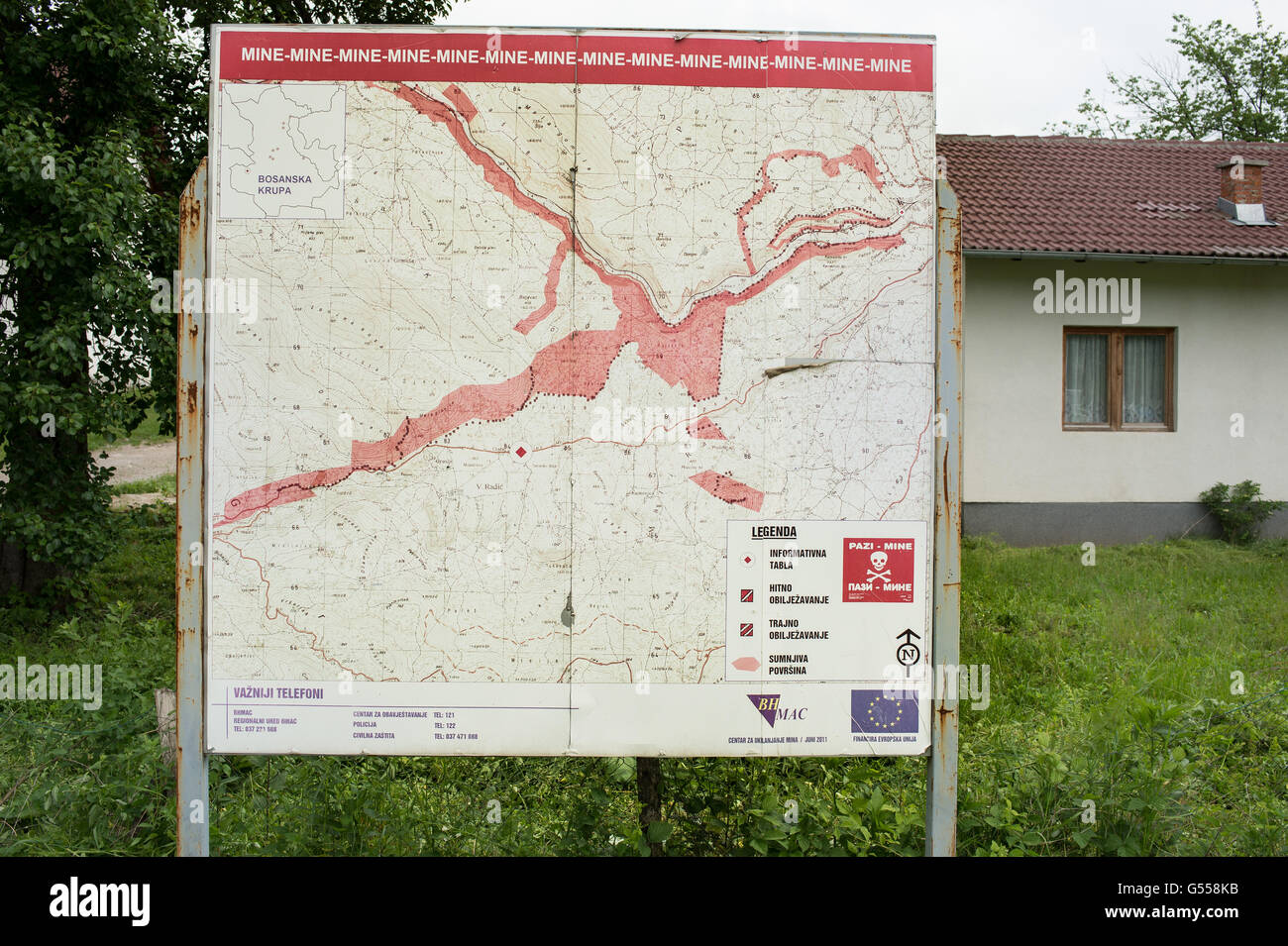 Mines fields camps map, serbian vllage of Radic, Vranjska, Bosnia-Erzegovina Stock Photo