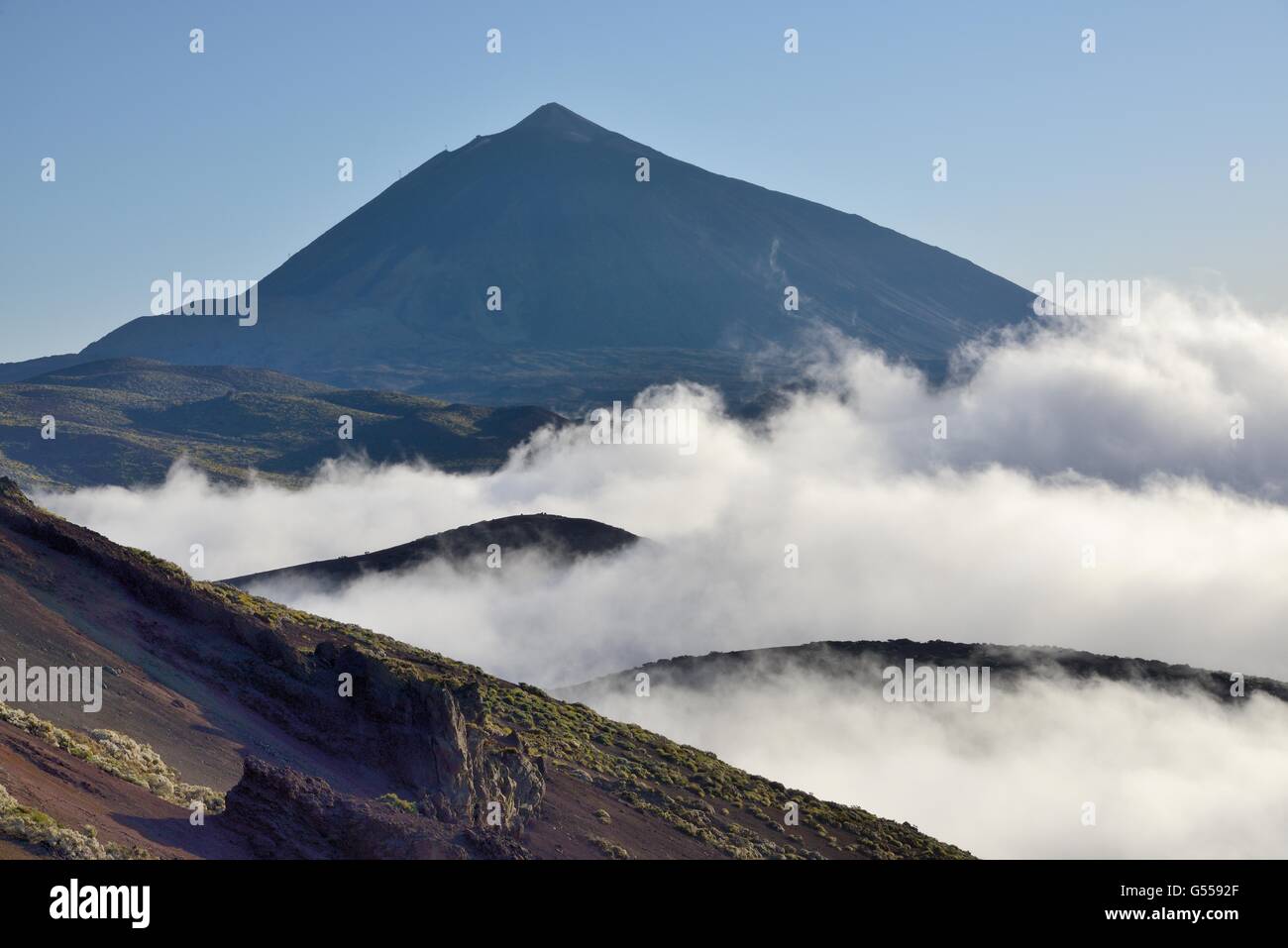 Volcanic slopes and ridges below Mount Teide with a sea of cloud rising, Teide National Park, Tenerife. Stock Photo
