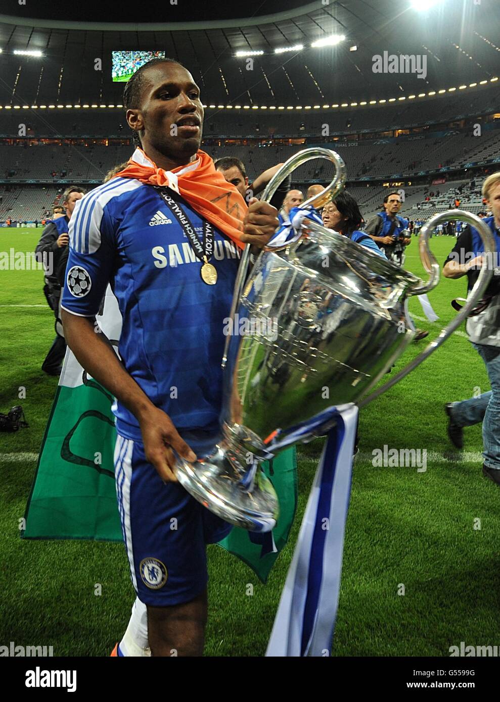 Chelsea S Didier Drogba Celebrates With The Uefa Champions League Trophy After The Final Whistle