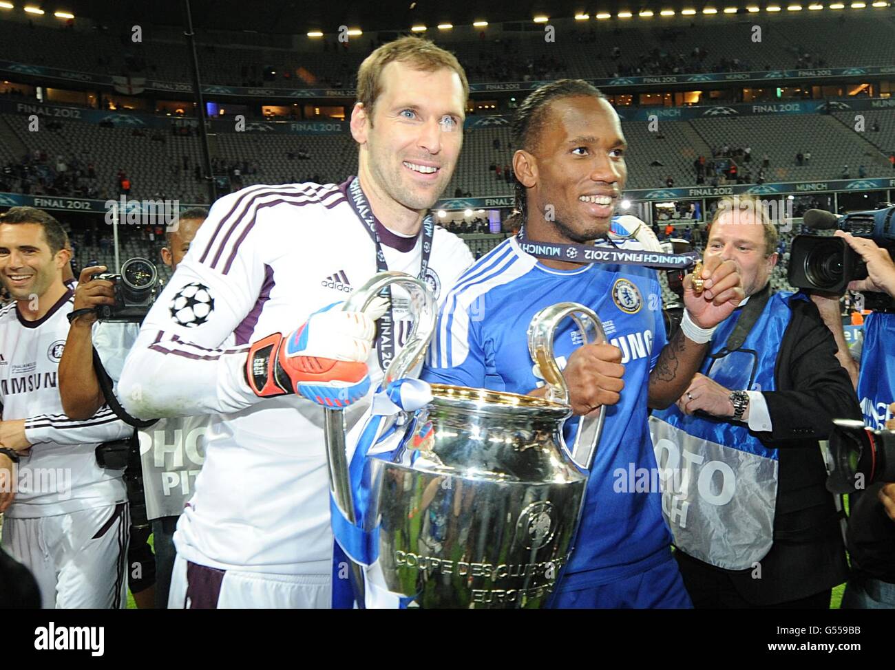 Chelsea's Didier Drogba and Petr Cech (left) celebrate winning the UEFA Champions League, after the final whistle Stock Photo