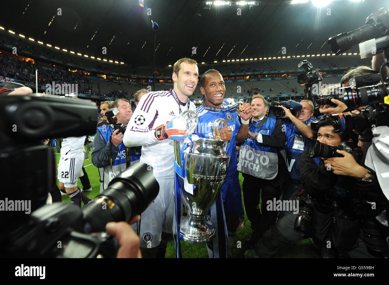 Chelsea's Didier Drogba and Petr Cech (left) celebrate winning the UEFA Champions League, after the final whistle Stock Photo