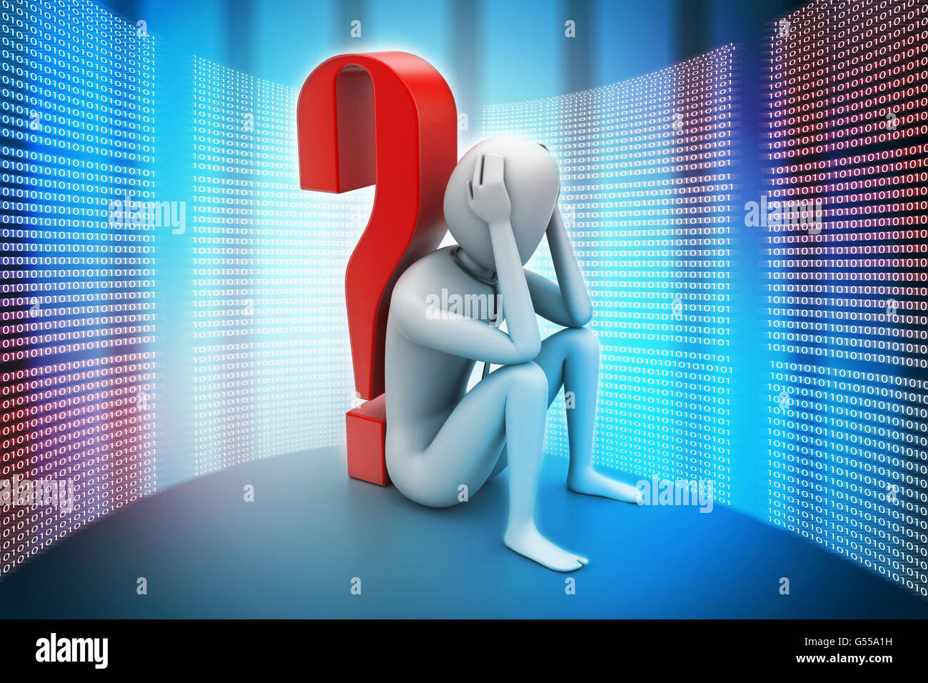 3d man sitting near the question mark Stock Photo - Alamy
