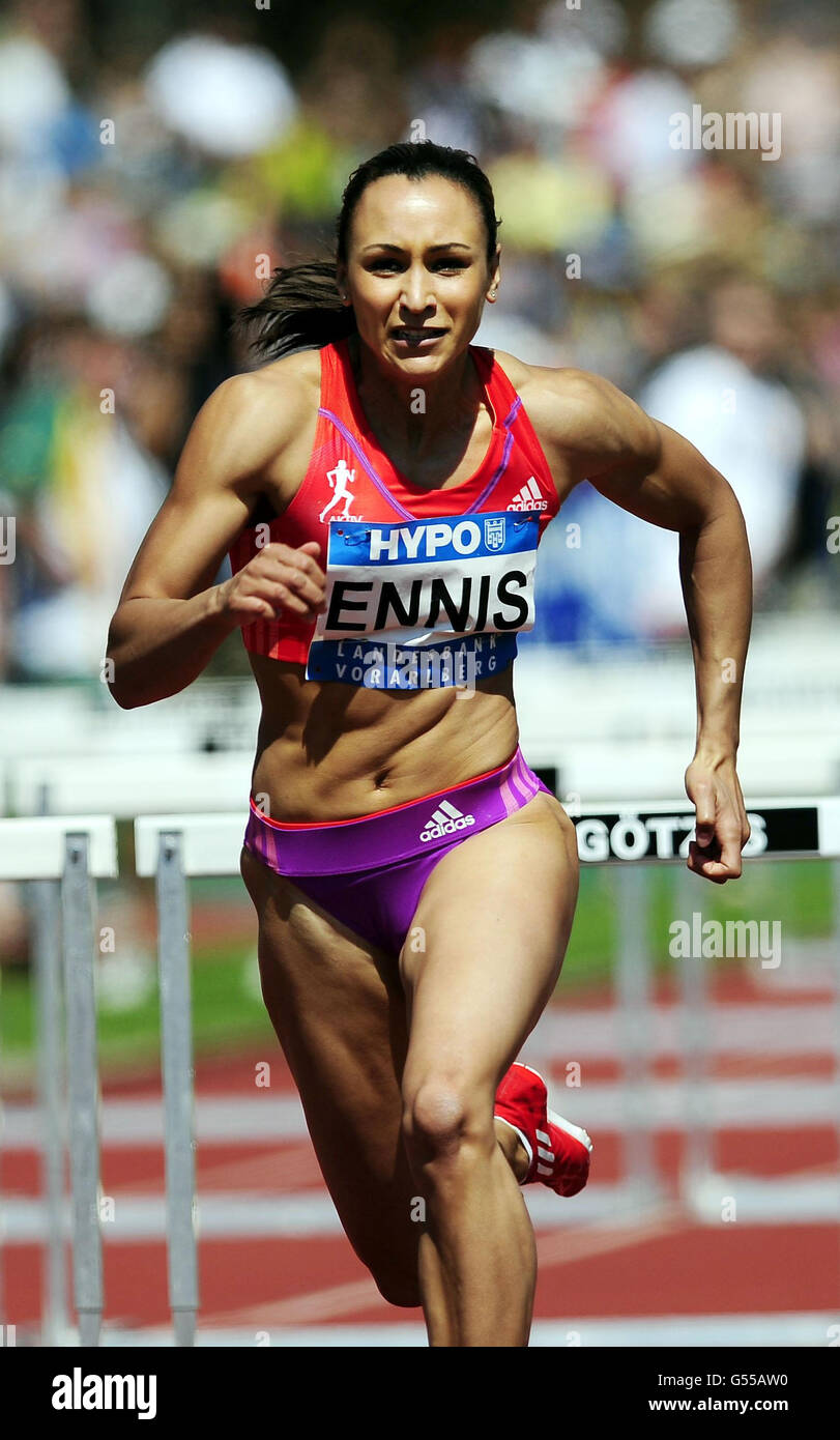 Jessica Ennis wins the Hurdles in the Heptathlon during the 2012 Hypo-Meeting at the Mosle Stadium, Gotzis, Austria. Stock Photo