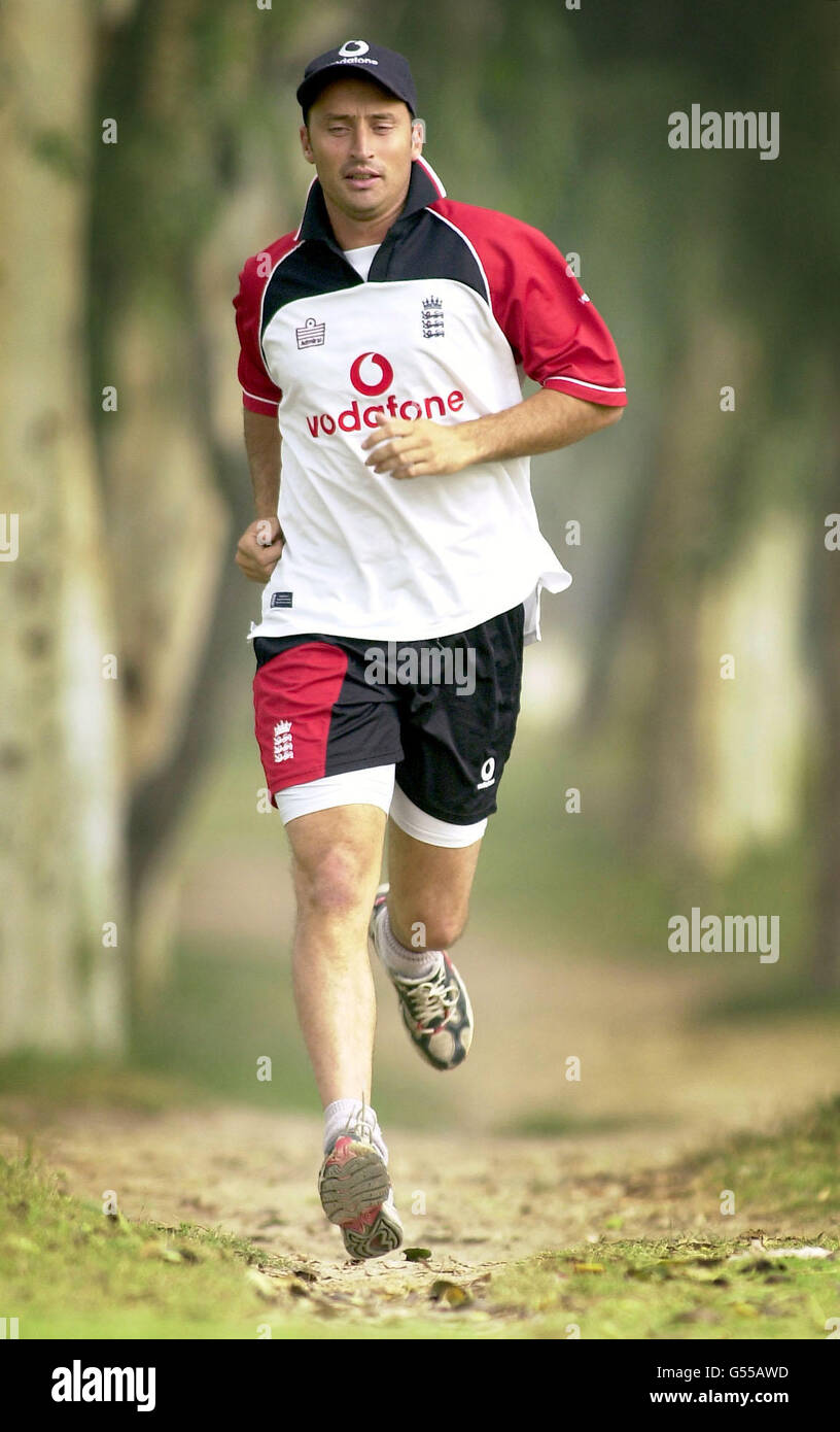 England's cricket captain Nasser Hussain enjoys a run through the