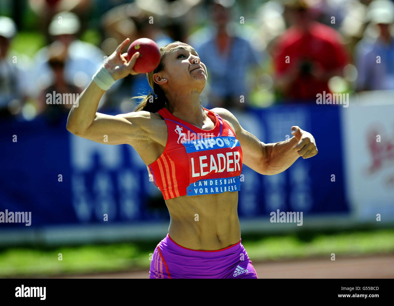 Great Britain's Jessica Ennis during the shot putt event of the Heptathlon during the 2012 Hypo-Meeting at the Mosle Stadium, Gotzis, Austria. Stock Photo