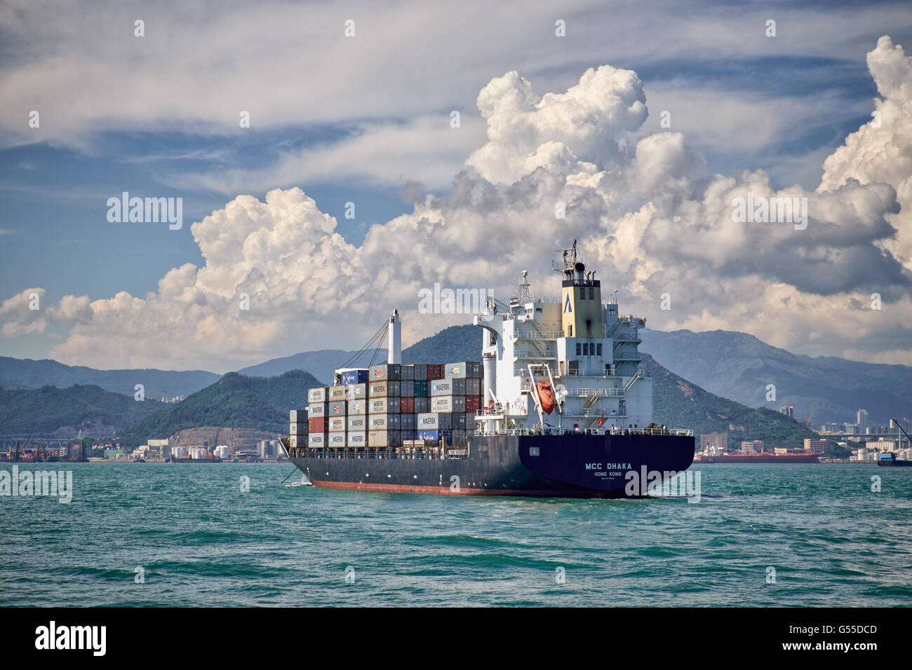 A container ship lies at anchor in the West Lamma Channel off Tsing Yi in Hong Kong. Stock Photo