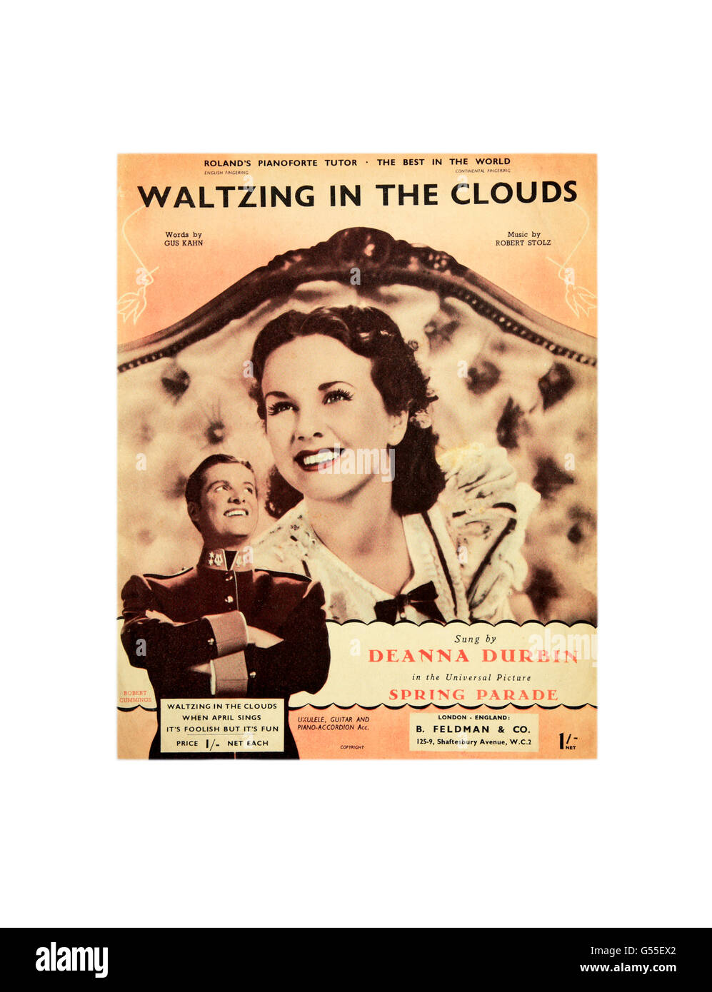 A sheet music cover for Waltzing in the Clouds by Deanna Durbin. Stock Photo