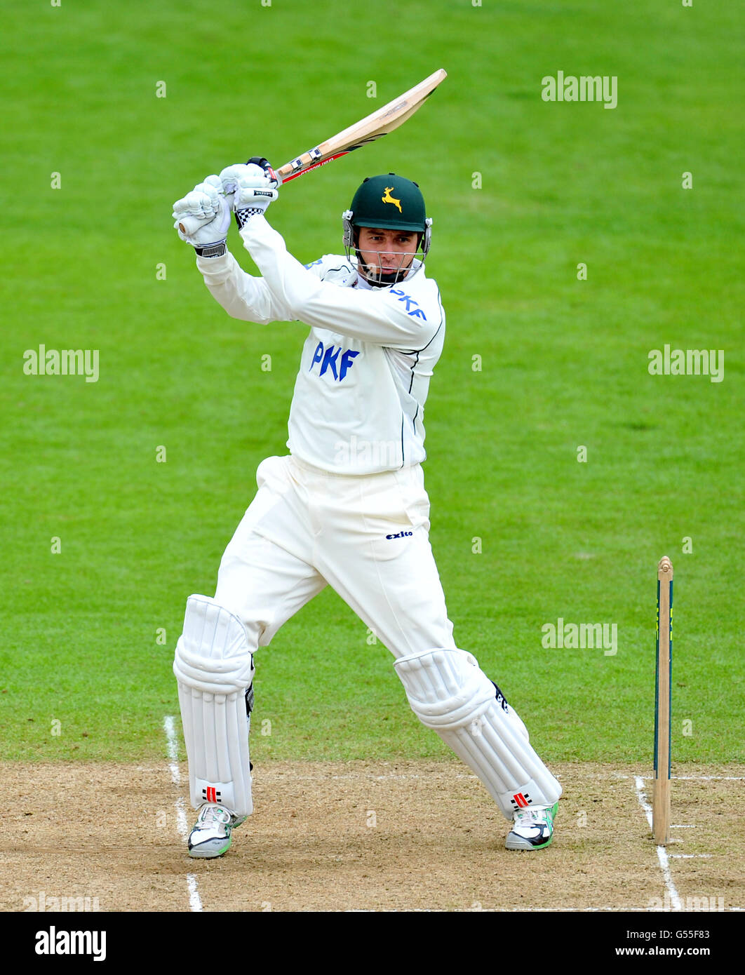 Cricket - LV= County Championship - Division One - Nottinghamshire v Middlesex - Day Two - Trent Bridge. Nottinghamshire's Paul Franks hits out during the LV= County Championship, Division One match at Trent Bridge, Nottingham. Stock Photo