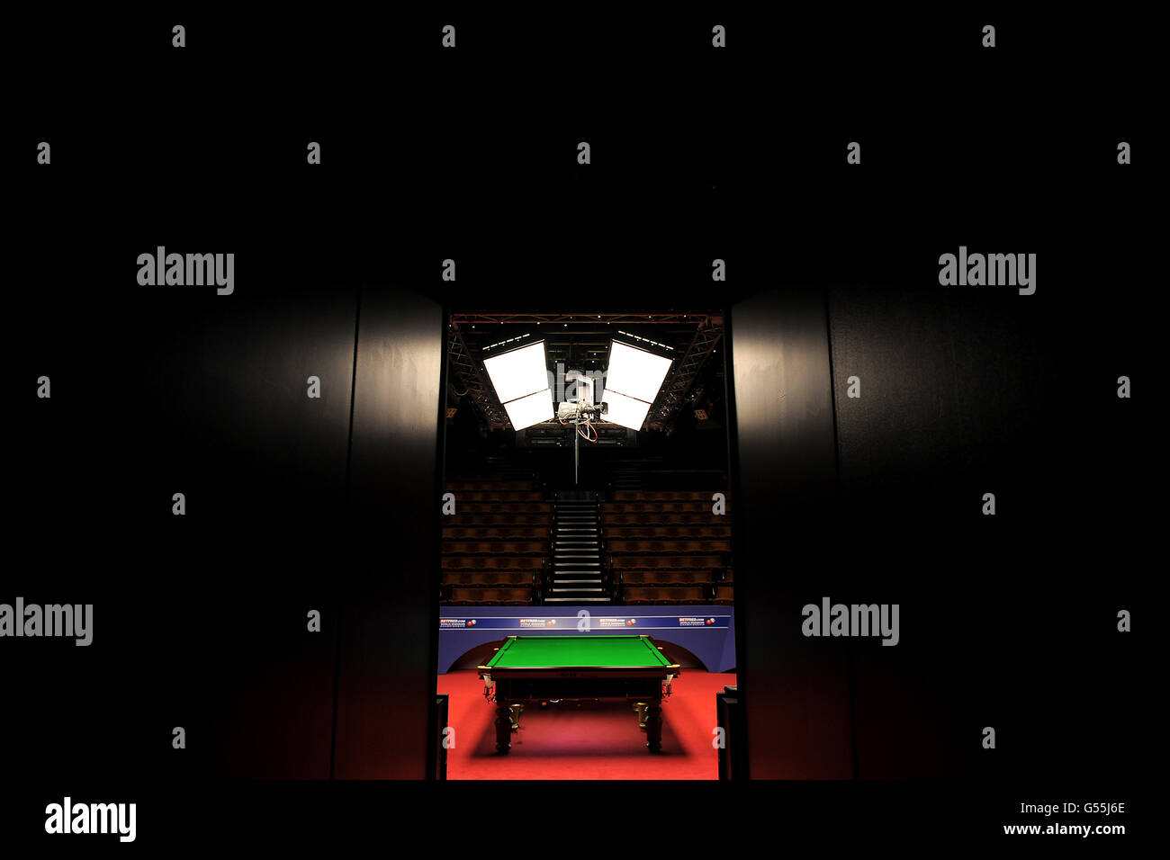 General view of the inside of the Crucible Theatre with a single snooker table before the start