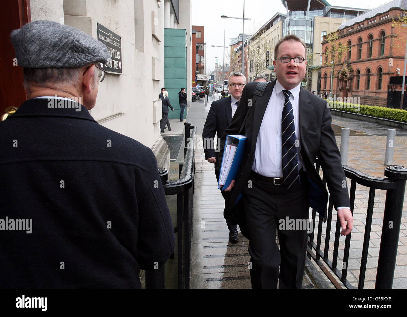 Northern Ireland Attorney General John Larkin (right) arrives at Belfast High court, where the former Northern Ireland secretary Labour MP Peter Hain, is the subject of a contempt of court case taken by the Attorney General. Stock Photo