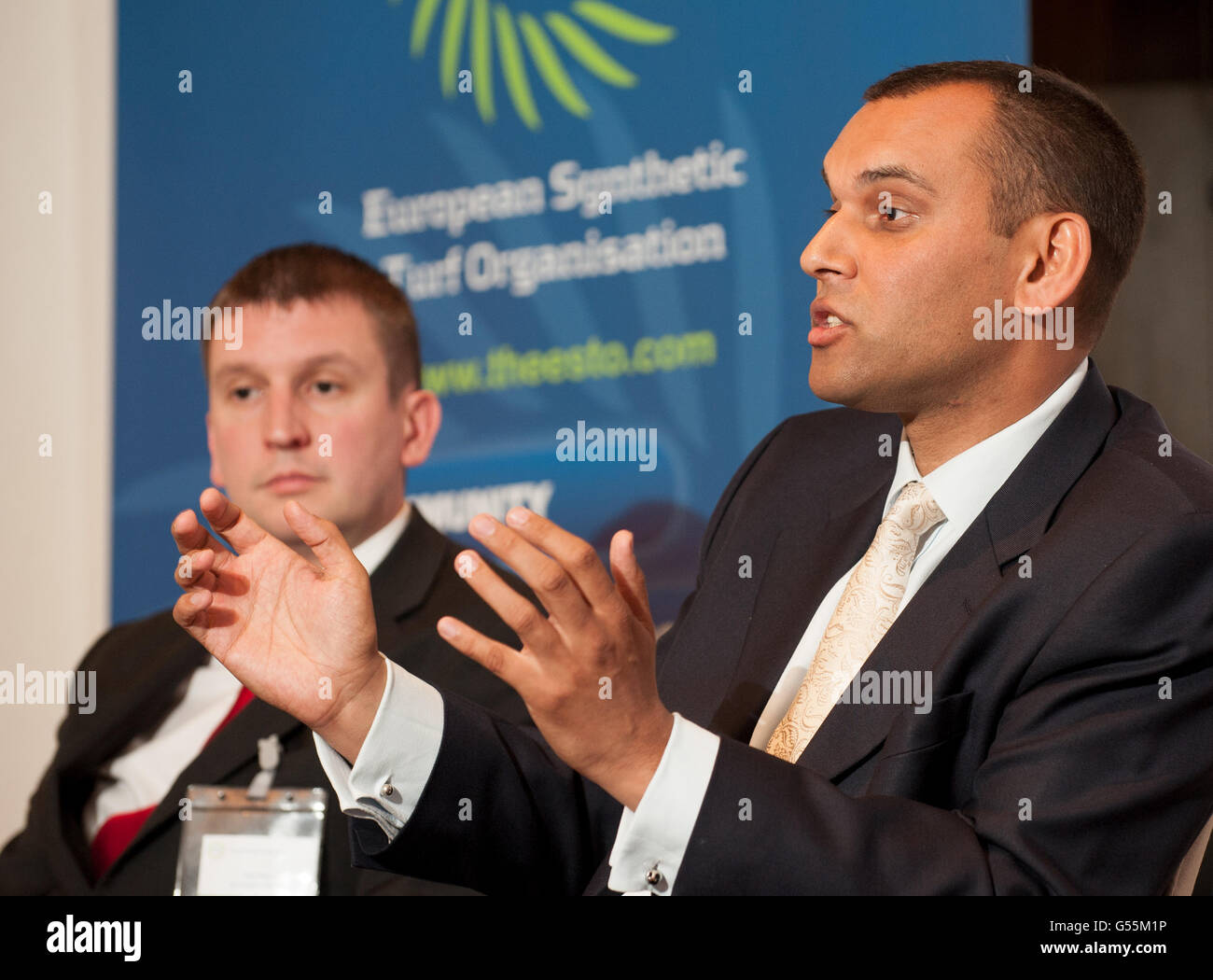 Managing Director of Accrington Stanley Rob Heys (left) and ESTO Chairman Nigel Fletcher at the European Synthetic Turf Organisation (ESTO) press briefing, in central London. Stock Photo