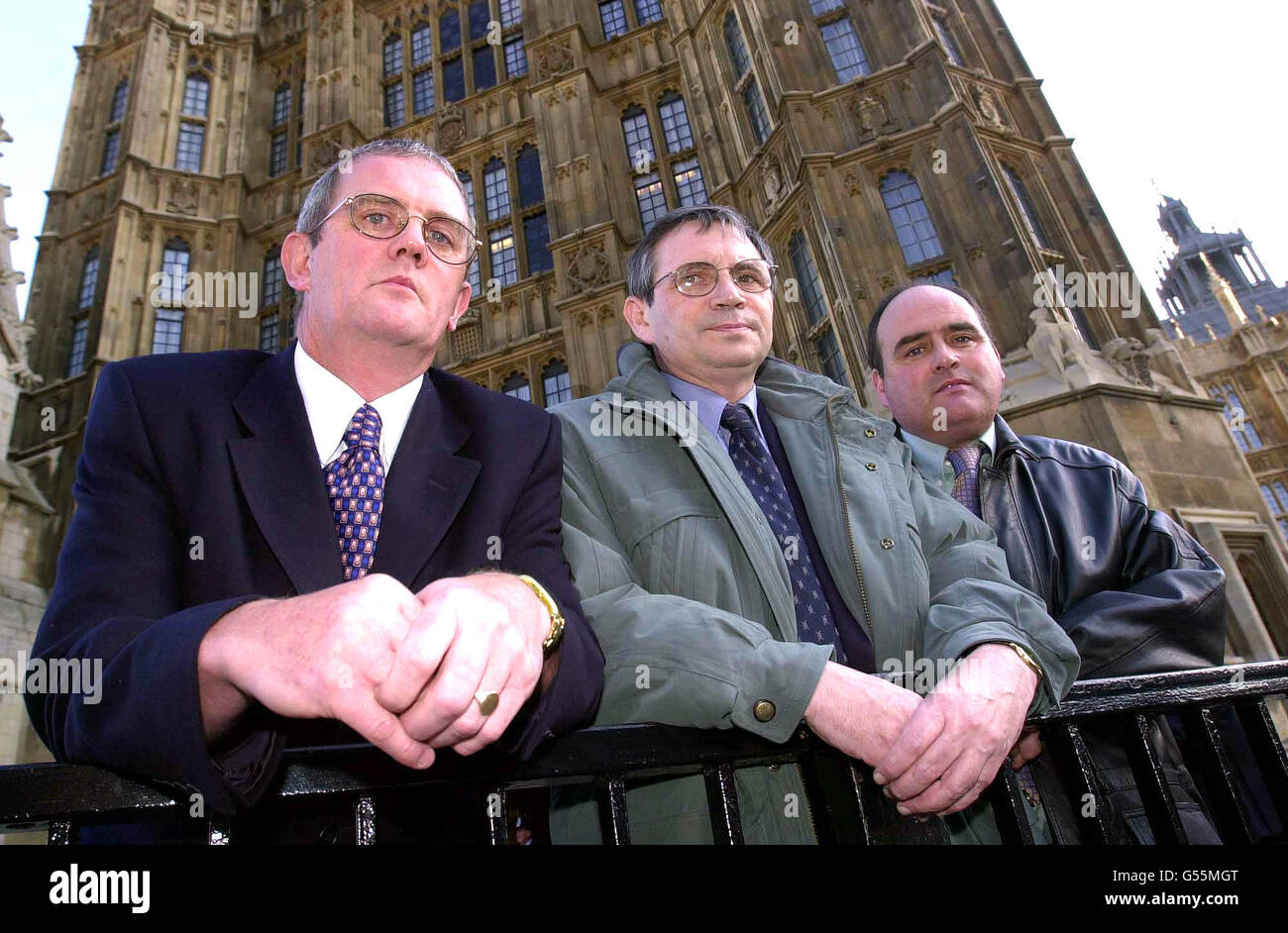 From left to right; Allan Curran, Frank Carrigan and J McFall from the GMB Union represntatives outside the House of Commons in London. British shipyards are set to win lucrative new orders to build vessels for the Ministry of Defence. *... safeguarding thousands of jobs. Belfast's troubled Harland and Wolff was expected to win an order for two new roll-on roll-off ferries. The Govan yard on the Clyde in Glasgow, Swan Hunter on Tyneside and Appledore in Devon are also tipped to win work on new MoD landing ships. Stock Photo