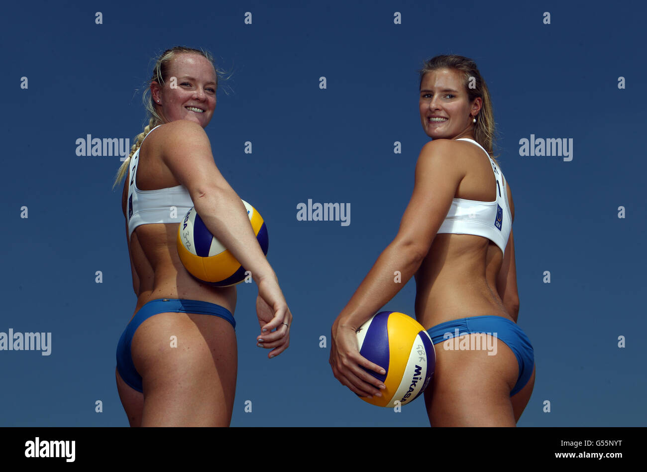 GB Women's Beach Volleyball players Shauna Mullin and Zara Dampney (right) during a photocall at Pennyhill Park Hotel and Spa Stock Photo